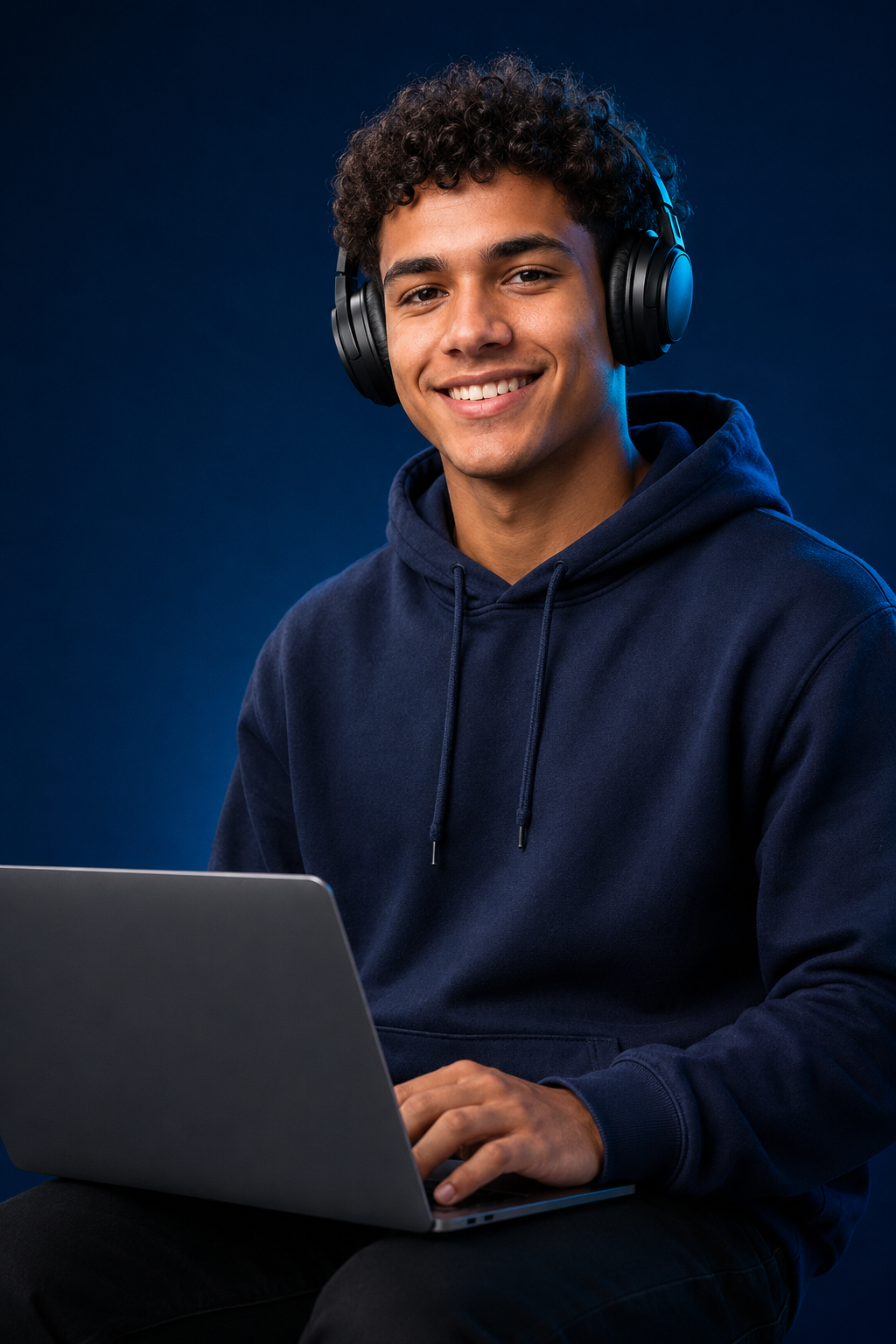 Jovem estudando idiomas online com fones e notebook